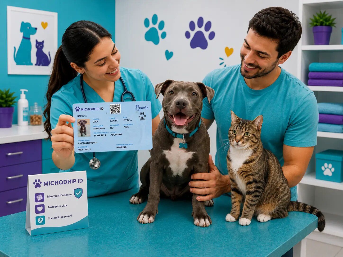 Familia recibiendo la identificación con microchip de sus mascotas